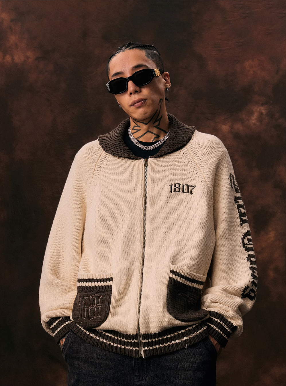 Buy Now 1807 Gothic Font Embroidery Zip Up Cowichan Cardigan