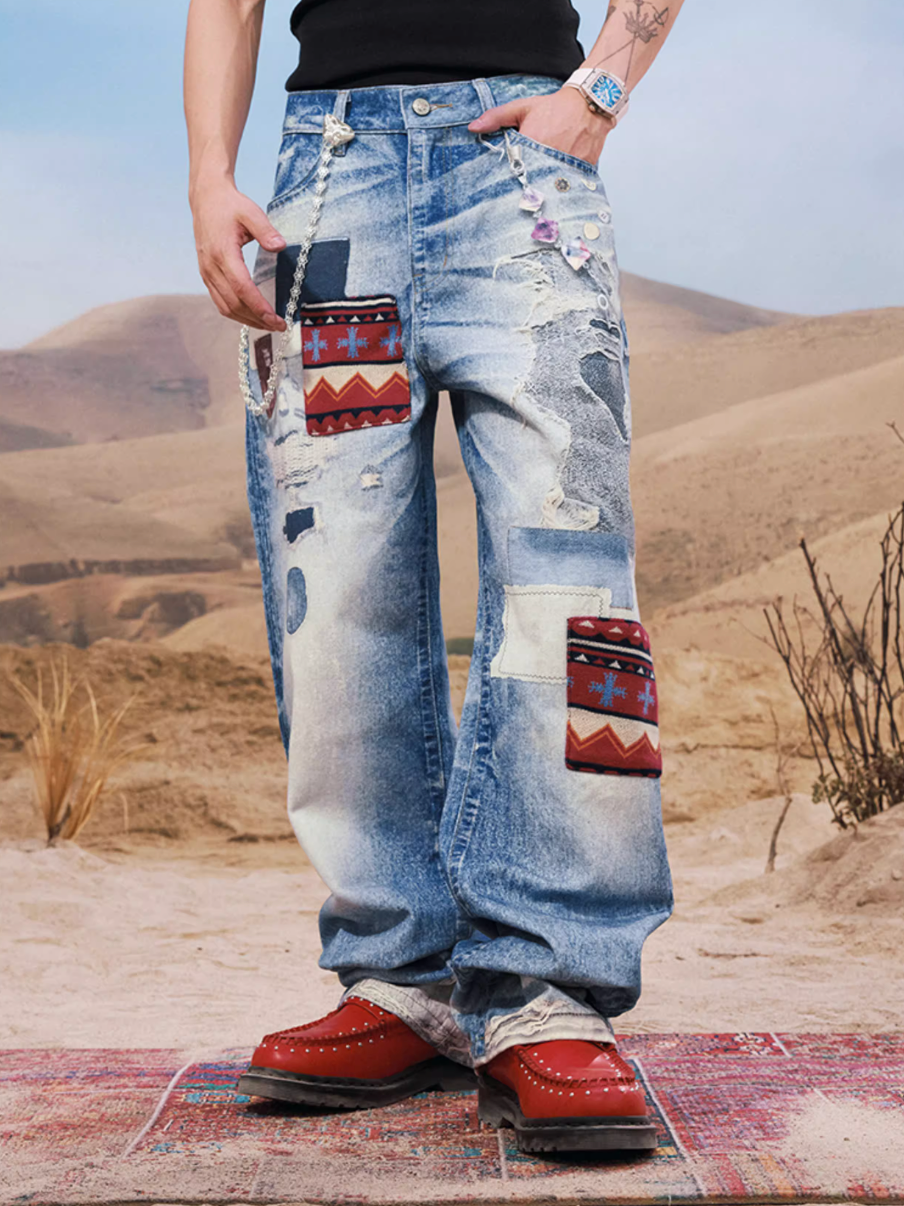 YADcrew Ethnic Patchwork Print Jeans - Stylish Streetwear – Face 3 