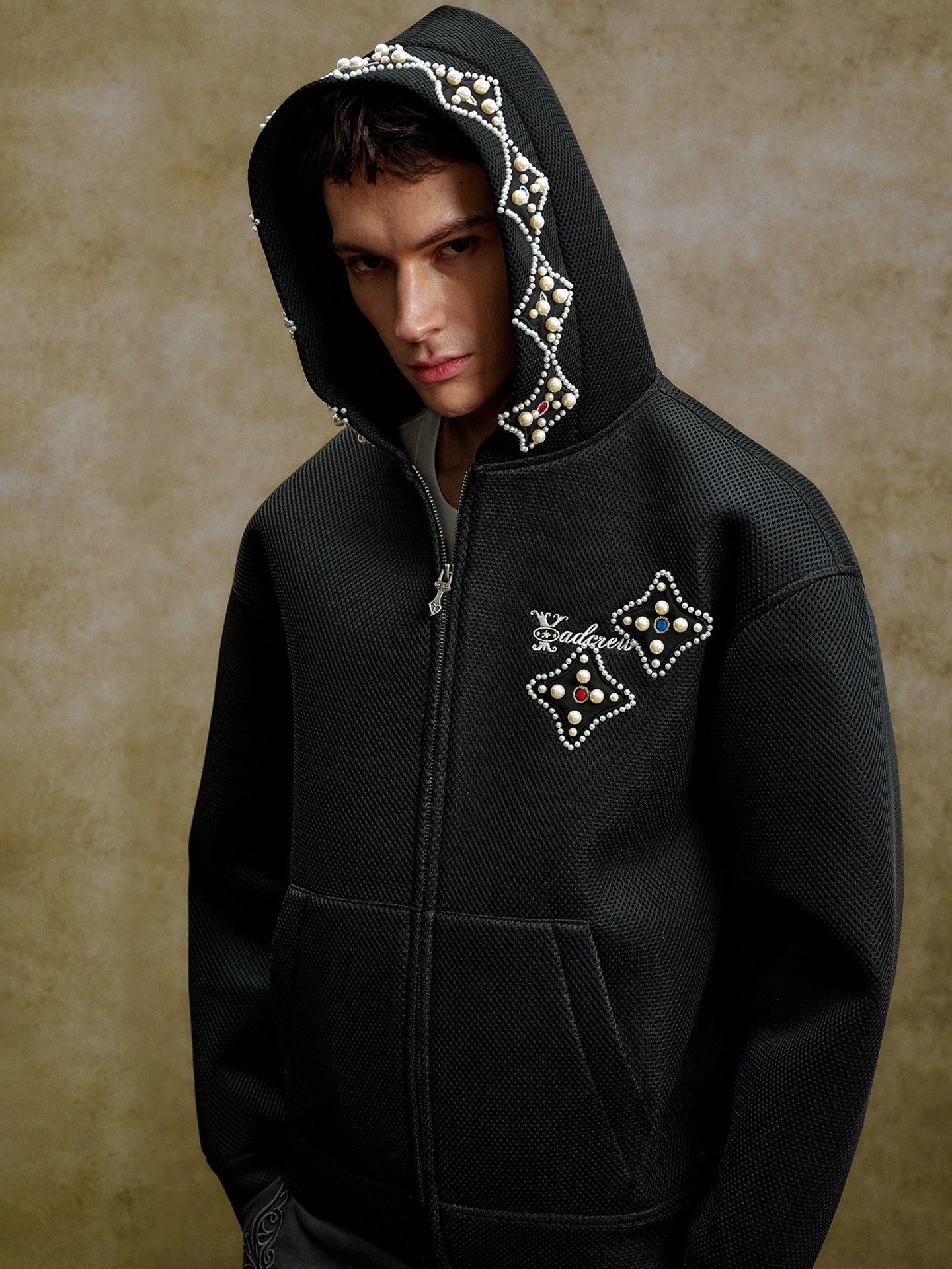 YADcrew Colorful Gemstone Pearl Mesh Zip Up Hoodie – Face 3 Face