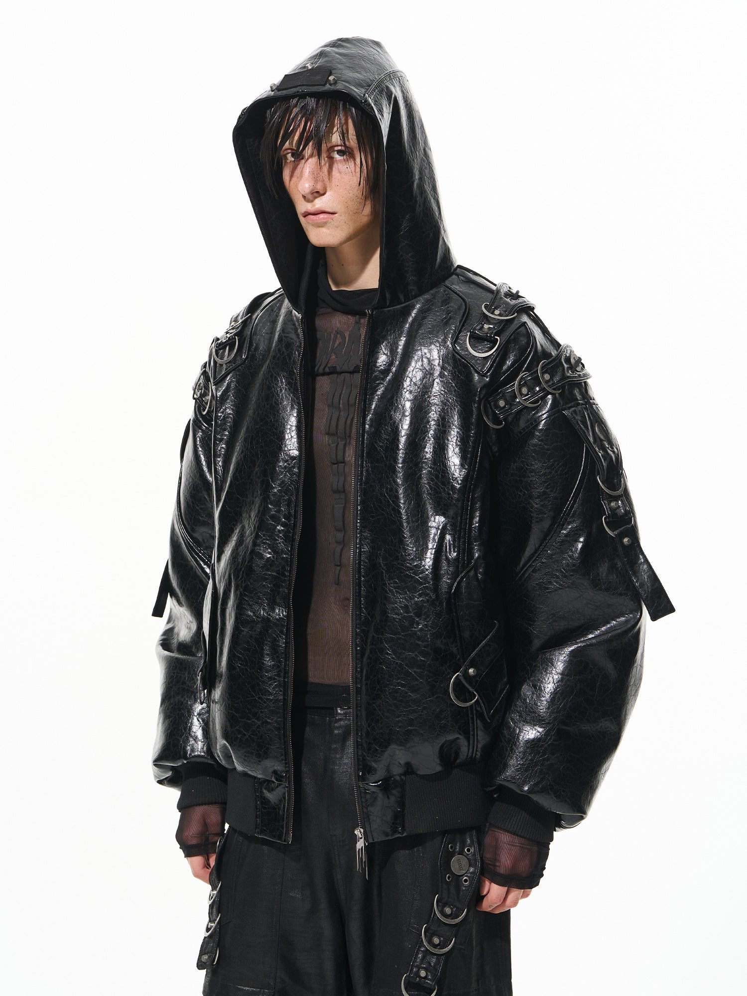 BLIND NO PLAN Metal-Decorated Hooded Leather Bomber Jacket – Face