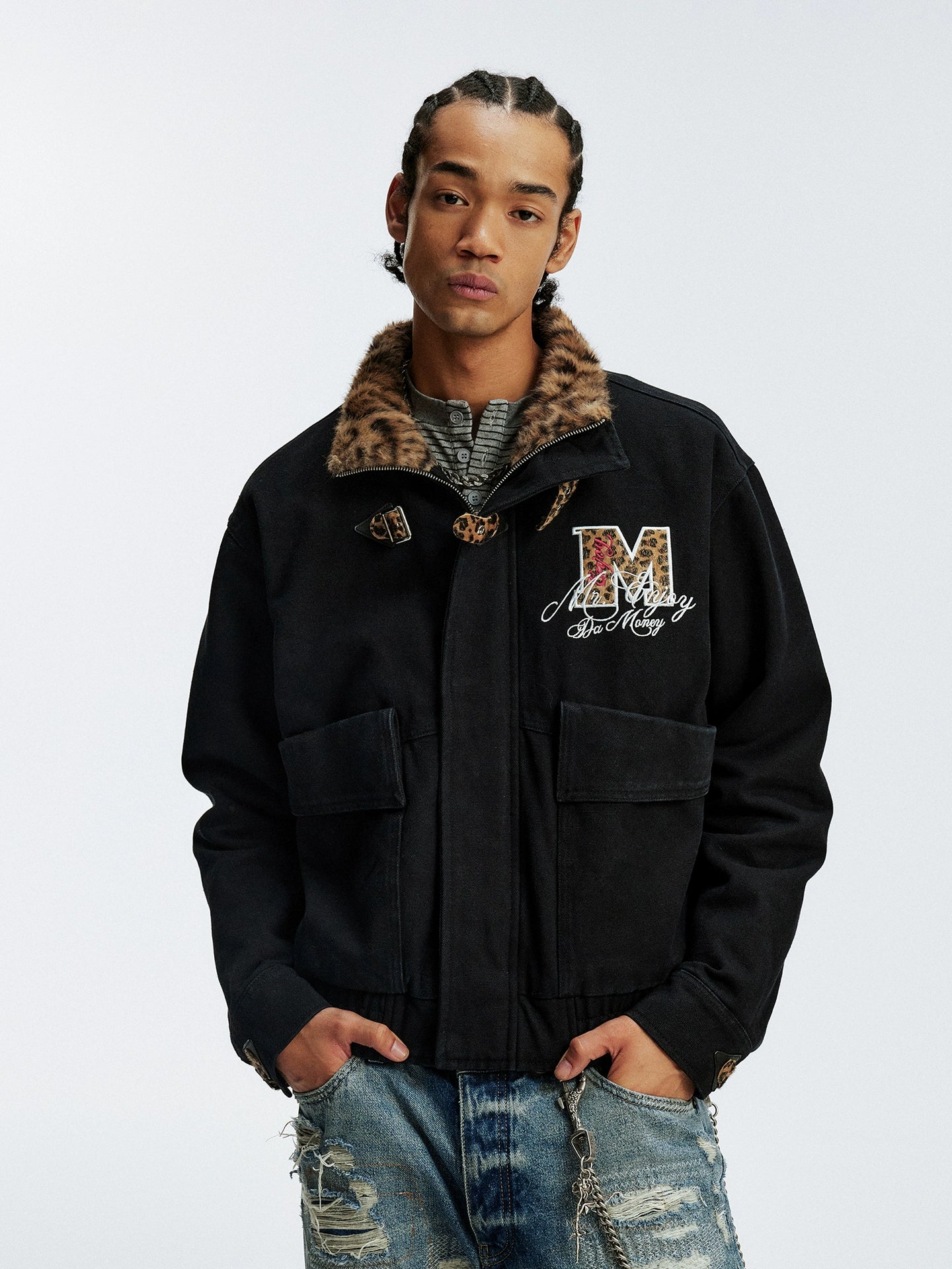 MEDM Leopard Collar Belted Work Jacket | Streetwear Style – Face 3
