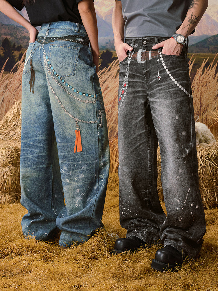 Ripped Jeans Jeans With Chains Attached YADcrew Chain Pendant