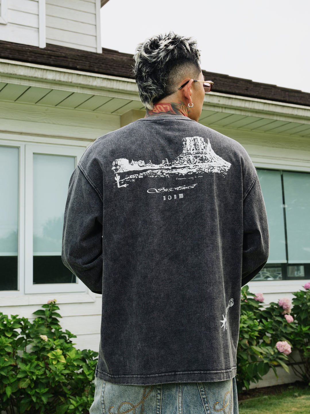 S45 Cross Pattern Printing Washed Long Sleeve Tee | Face 3 Face