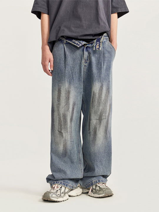 F3F Select Retro Washed & Rubbed Distressed Tuck Jeans