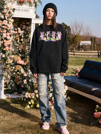 MEDM Embroidered Flowers Letters Long Sleeved Tee