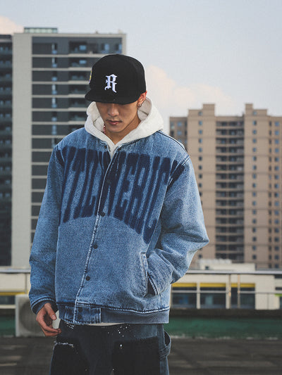 UNTILWERICH Washed Denim Aged Baseball Jacket | Face 3 Face