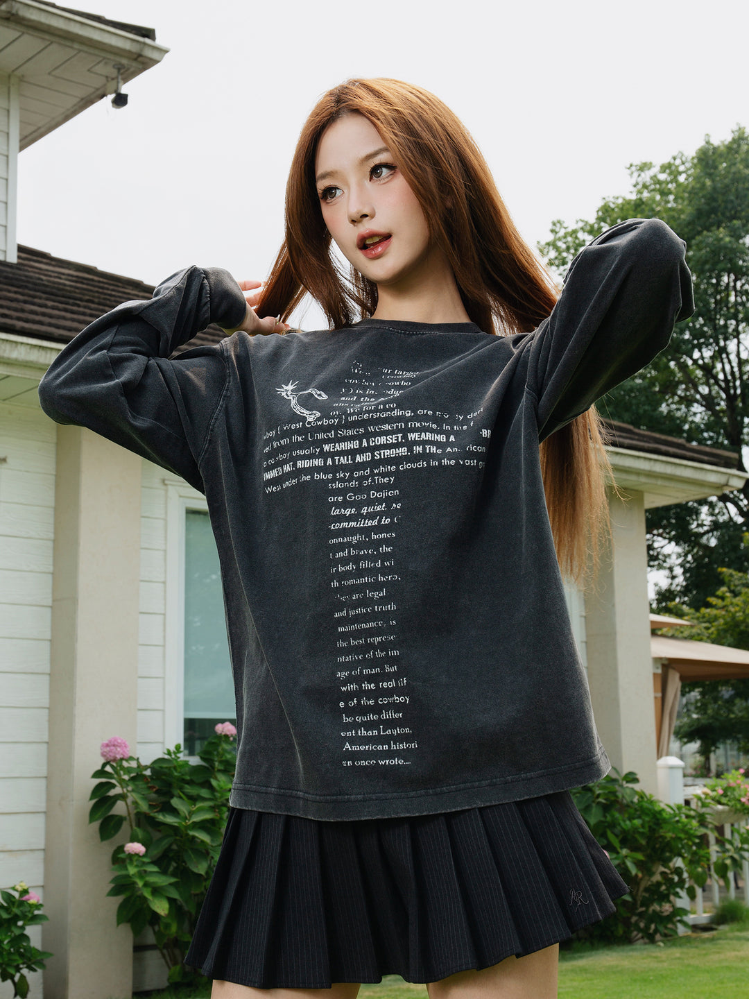 S45 Cross Pattern Printing Washed Long Sleeve Tee | Face 3 Face