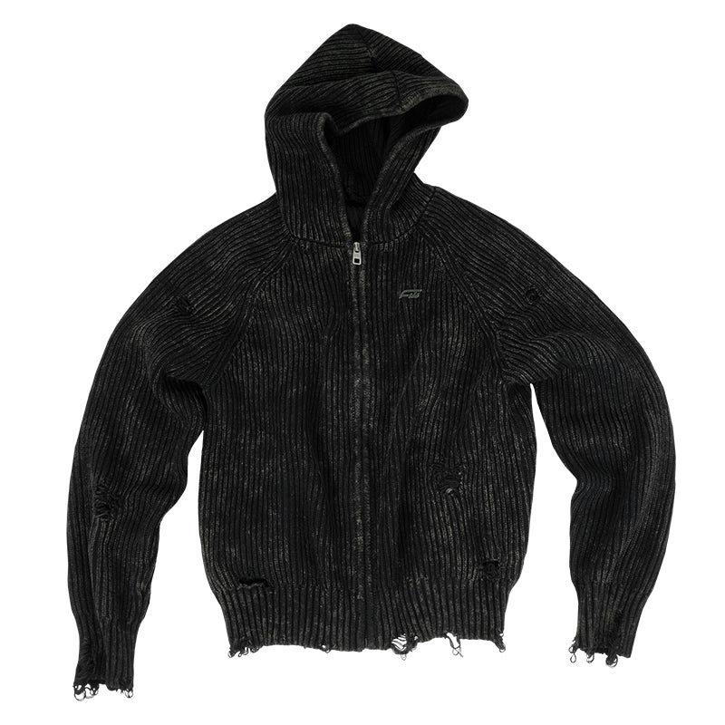 ANTIDOTE Washed Destruction Zip Up Knit Hoodie | Face 3 Face