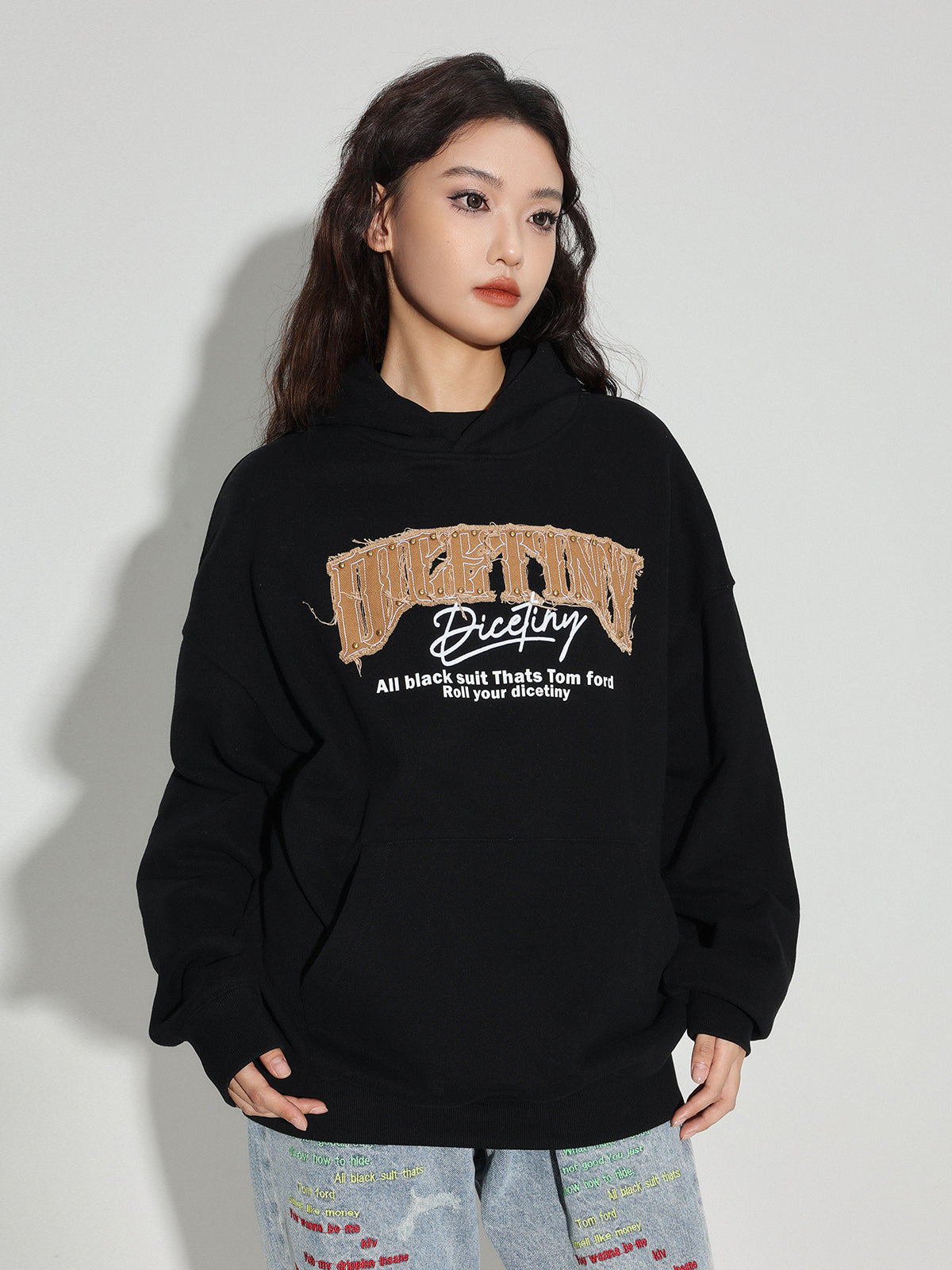 DICETINY Denim Patch Logo Studs Hoodie | Face 3 Face