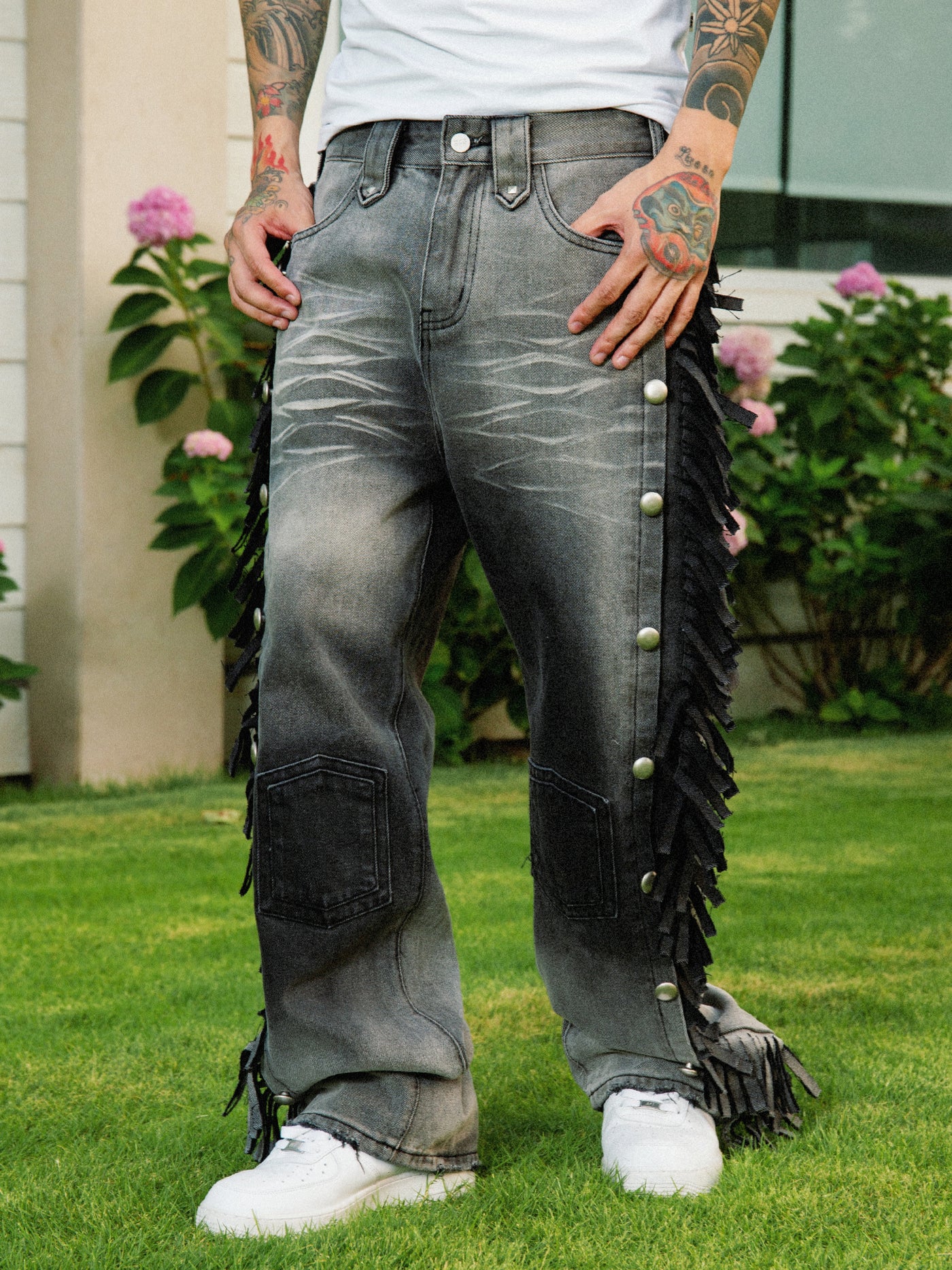 S45 Washed Gradient Fringe Metal Studs Jeans | Face 3 Face