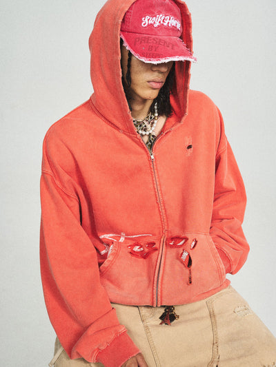 STEEPC Washed Aged Red Raglan Zip Up Hoodie | Face 3 Face