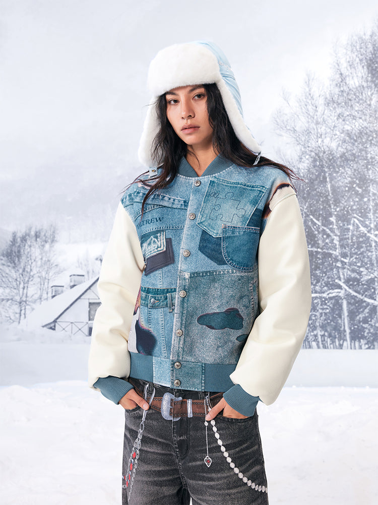 YADcrew Denim Printed Varsity Jacket | Face 3 Face