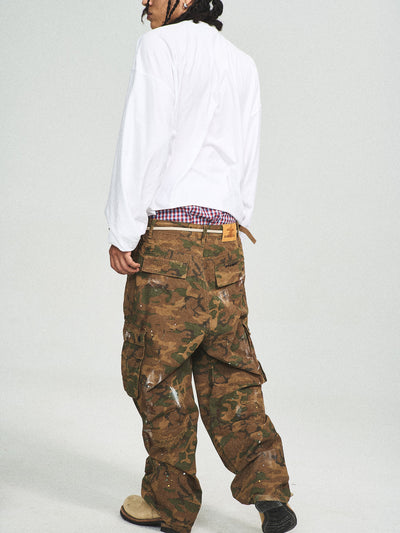 STEEPC Green Camouflage Ink Splattered Baggy Cargo Pants | Face 3 Face