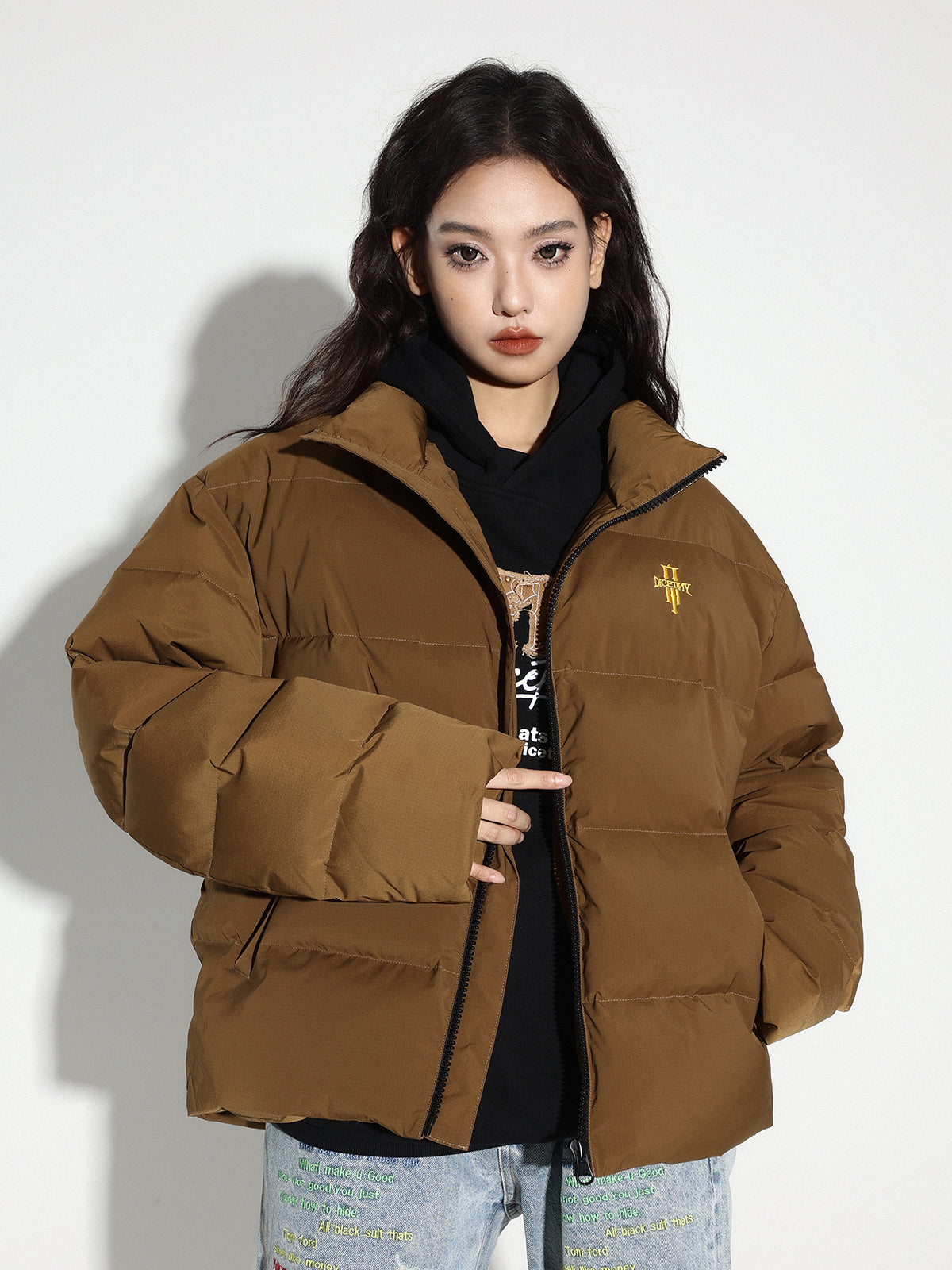 DICETINY Basic Logo Embroidered Stand Collar Down Jacket | Face 3 Face