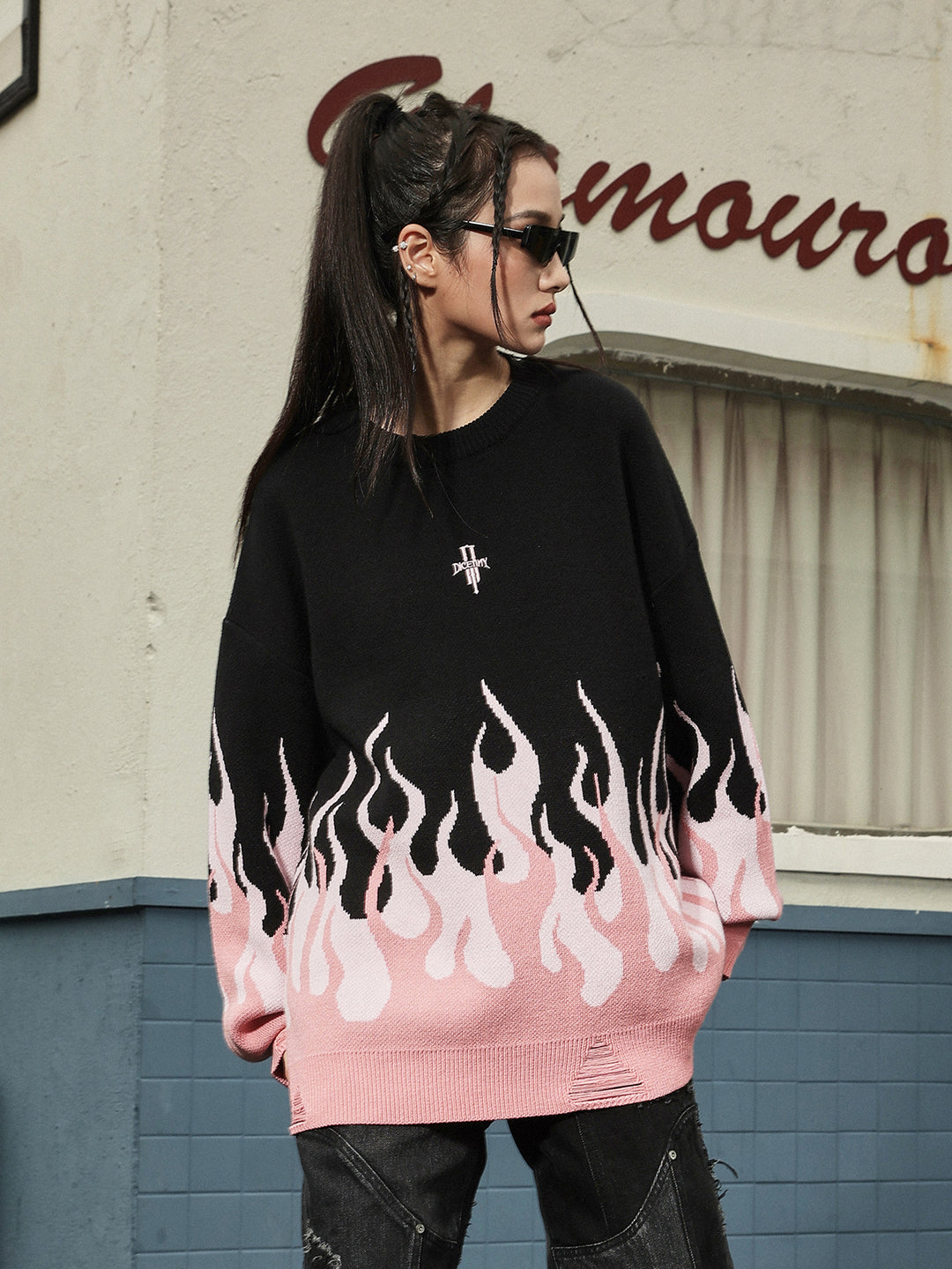 DICETINY Basic Logo Flame Destruction Knit Sweater | Face 3 Face