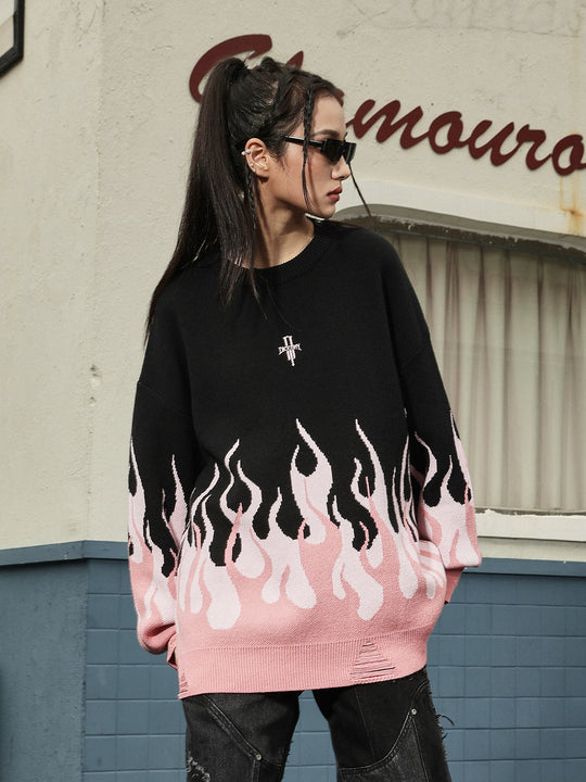 DICETINY Basic Logo Flame Destruction Knit Sweater | Face 3 Face