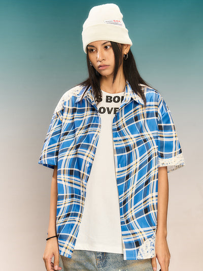 YADcrew Twisted Plaid Lace Splicing Short Sleeve Shirt | Face 3 Face