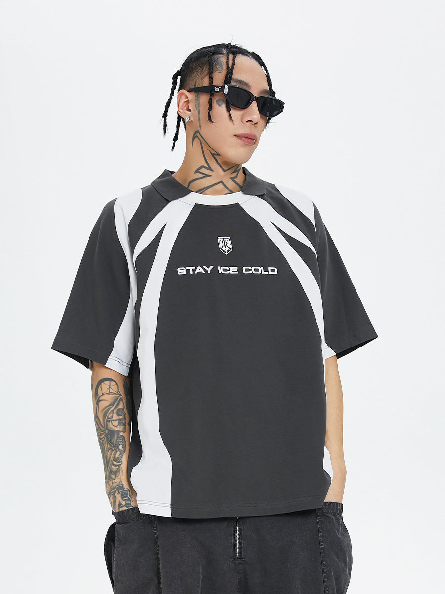 F2CE Deconstruction Stitching Contrast Color Printing Sports Polo Shirt