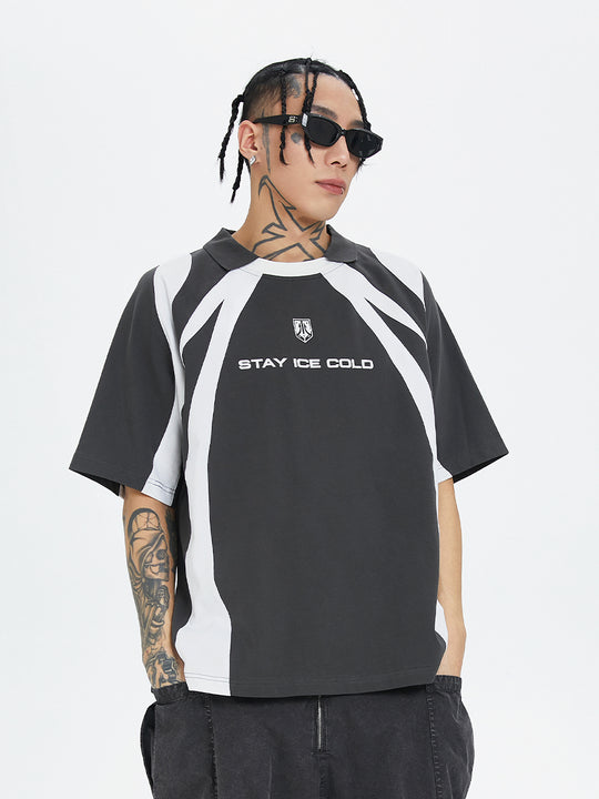 F2CE Deconstruction Stitching Contrast Color Printing Sports Polo Shirt