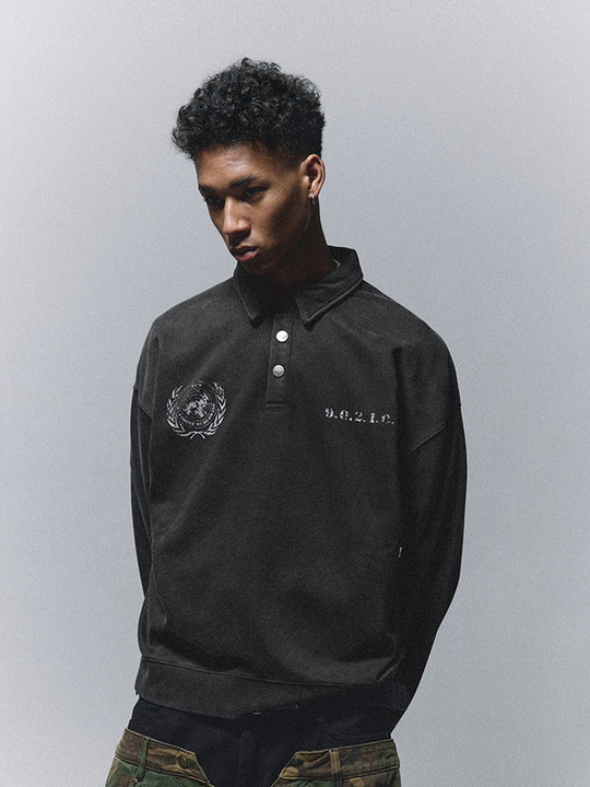 ANTIDOTE Badge Printed Washed Polo Sweatshirt | Face 3 Face