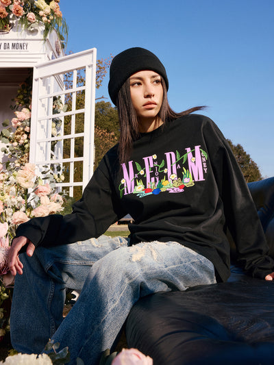 MEDM Embroidered Flowers Letters Long Sleeved Tee