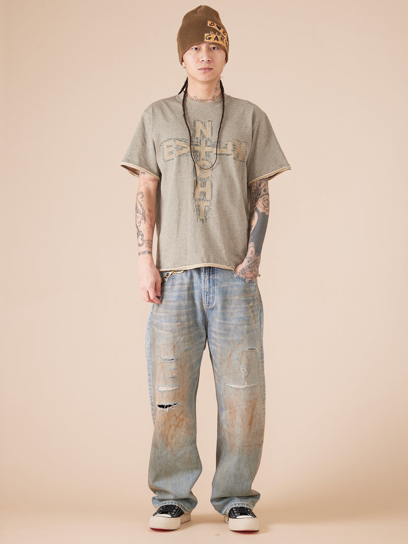 EVILKNIGHT(EK) Customized Rivets Dirty Wash Holes Denim Jeans
