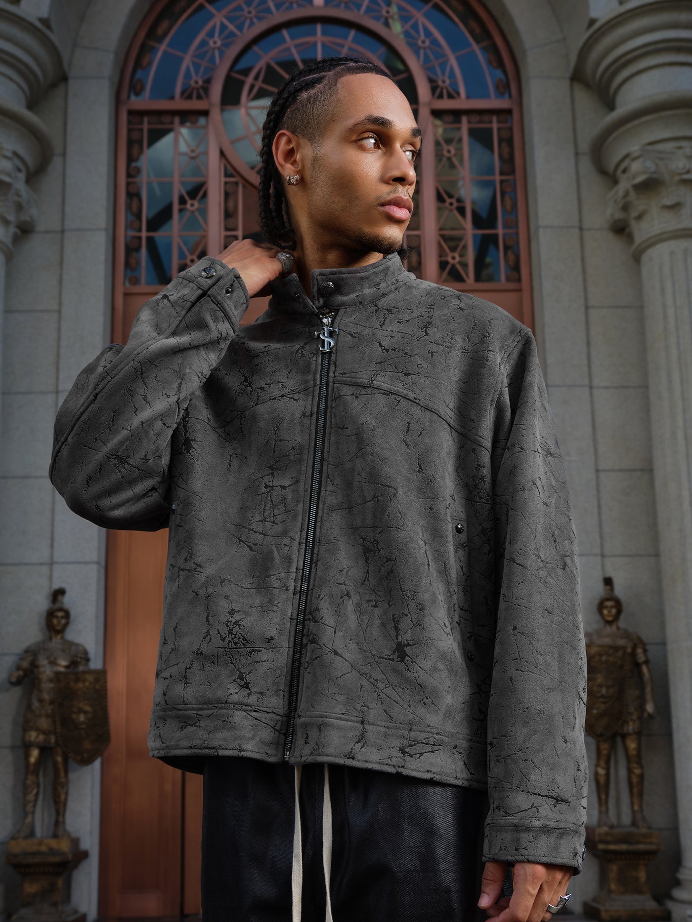 Small Town Kid Dark Pattern Suede Racing Jacket | Face 3 Face