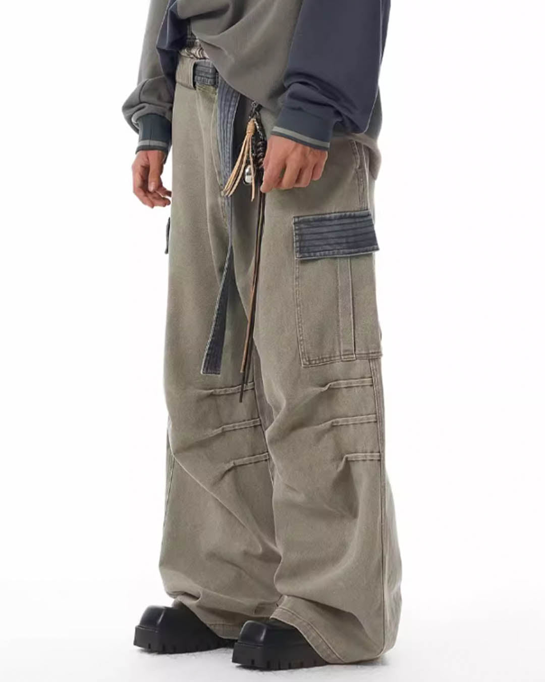 JHYQ Contrast Color Pleated Baggy Cargo Pants | Face 3 Face