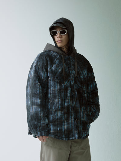 F2CE Hooded Overlay Old Plaid Quilting Shirt Jacket | Face 3 Face