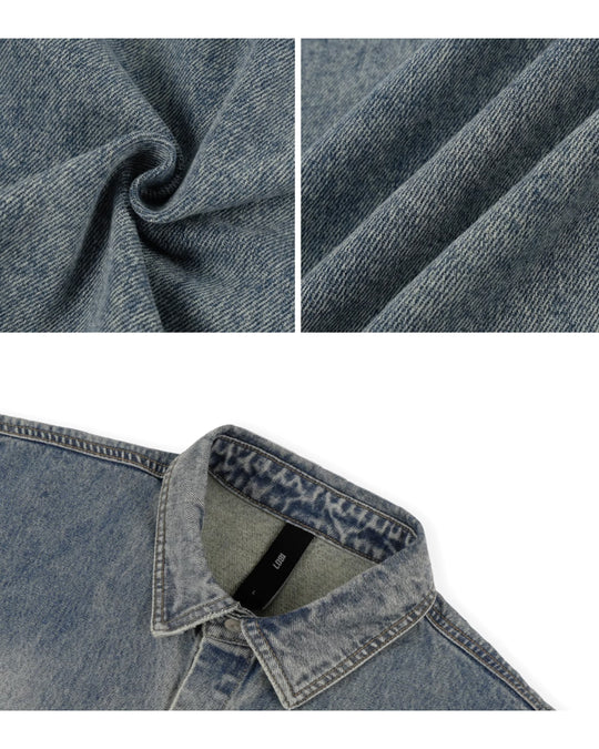 1807 Distressed Logo Washed Denim Short Sleeve Shirt | Face 3 Face