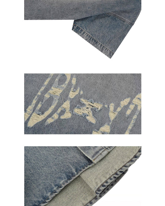 1807 Distressed Logo Washed Denim Short Sleeve Shirt | Face 3 Face