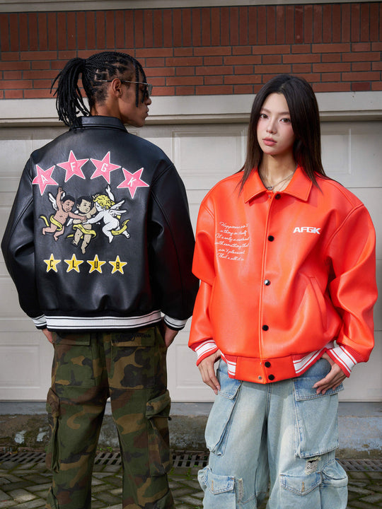 AFGK Star Angel Embroidered Racing Leather Jacket | Face 3 Face