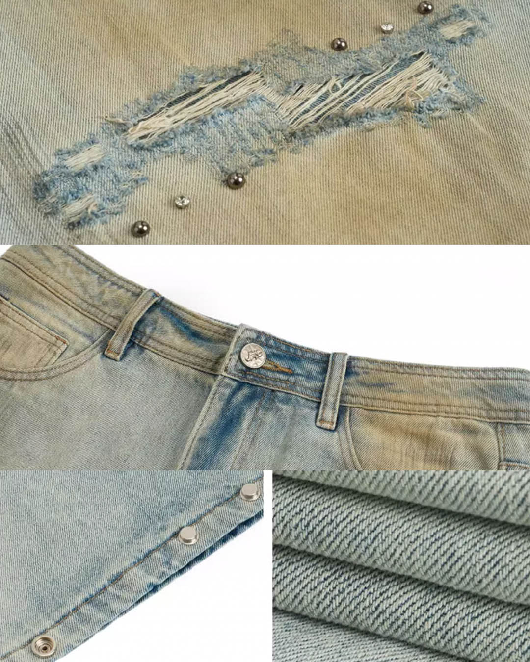 JHYQ Dirty Dye Ripped Rivets Diamonds Baggy Jeans | Face 3 Face