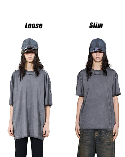 BLIND NO PLAN Loose & Slim Washed Distressed Basic Embroidered Tee | Face 3 Face