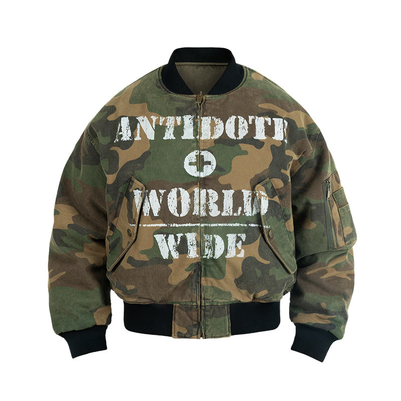 ANTIDOTE Reversible Camouflage Painted MA-1 Padded Bomber Jacket | Face 3 Face