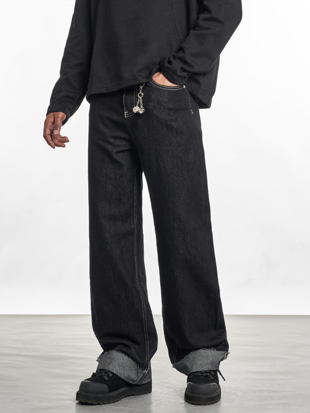 F3F Select Frayed Hem Cuffed Black Jeans | Face 3 Face