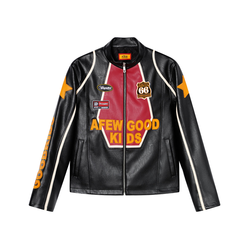AFGK Badge Stitching Leather Racing Jacket | Face 3 Face