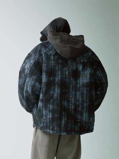 F2CE Hooded Overlay Old Plaid Quilting Shirt Jacket | Face 3 Face