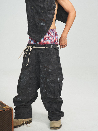 STEEPC Black Camouflage Ink Splattered Baggy Cargo Pants | Face 3 Face