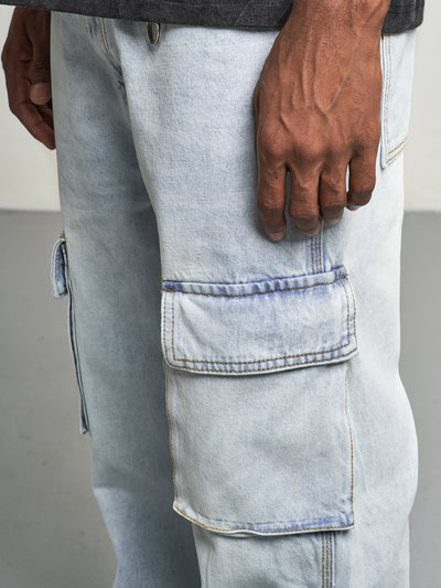 F3F Select Glacier Blue Multi Pocket Cargo Jeans | Face 3 Face