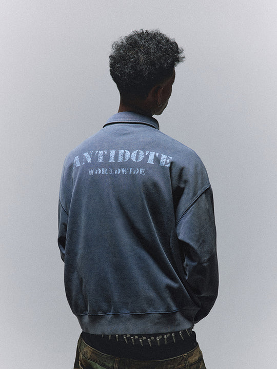 ANTIDOTE Badge Printed Washed Polo Sweatshirt | Face 3 Face