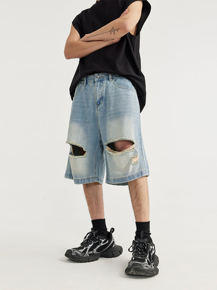 F3F Select RetroWashed Old Holes Wide Denim Short Jeans