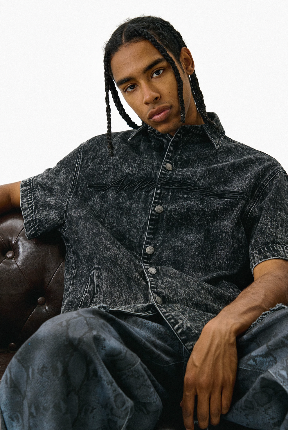 ANTIDOTE Cowboy Embroidered Denim Short Sleeve Shirt