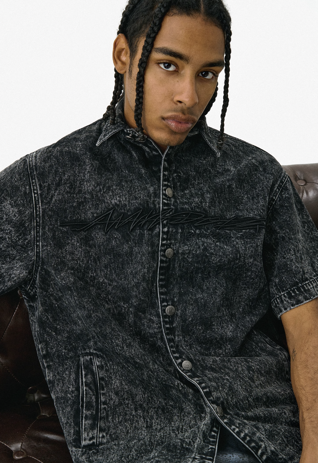 ANTIDOTE Cowboy Embroidered Denim Short Sleeve Shirt
