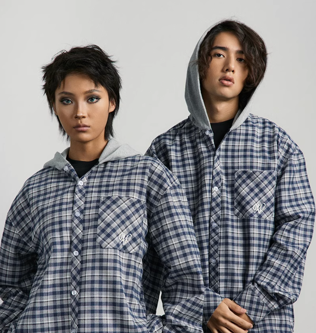 ANTIDOTE Patchwork Hooded Plaid Shirt Jacket