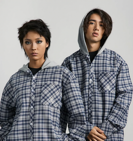 ANTIDOTE Patchwork Hooded Plaid Shirt Jacket