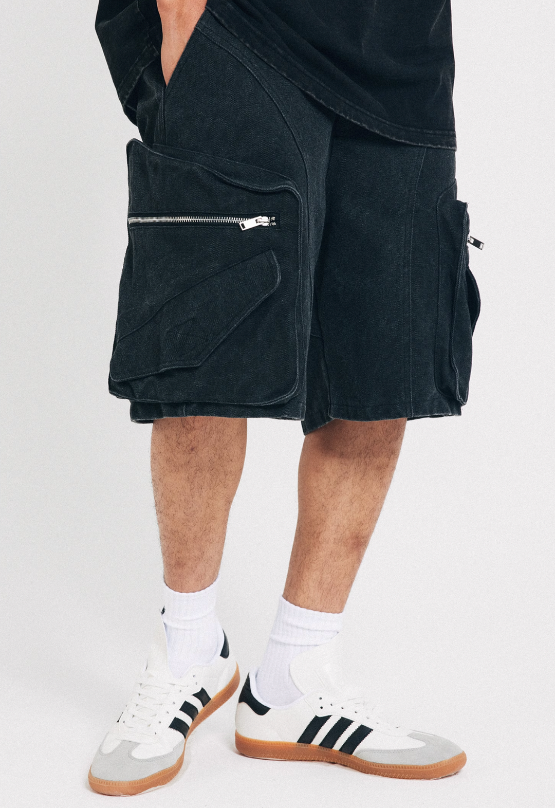 ANTIDOTE Distressed Washed Zipper Pocket Shorts