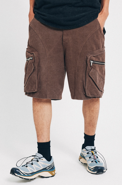 ANTIDOTE Distressed Washed Zipper Pocket Shorts