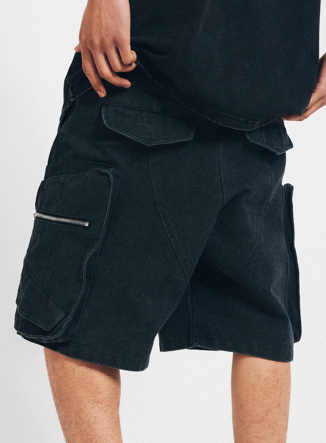 ANTIDOTE Distressed Washed Zipper Pocket Shorts