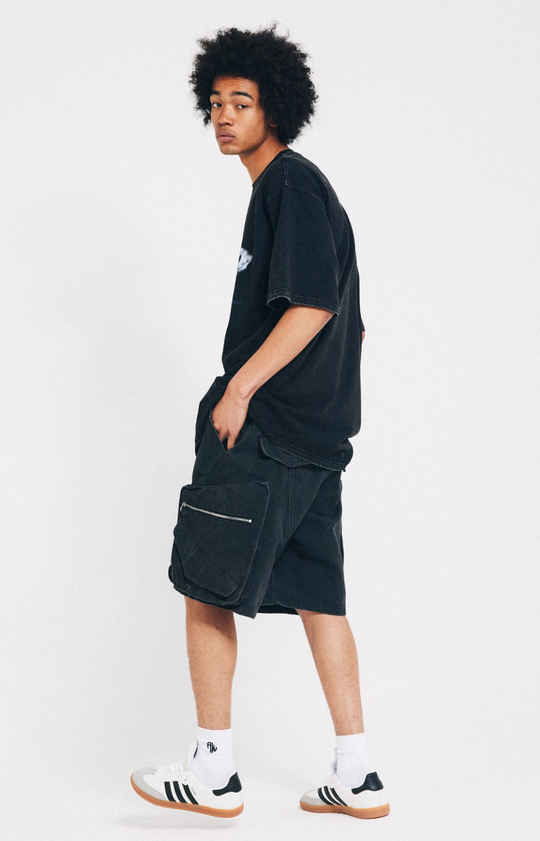 ANTIDOTE Distressed Washed Zipper Pocket Shorts